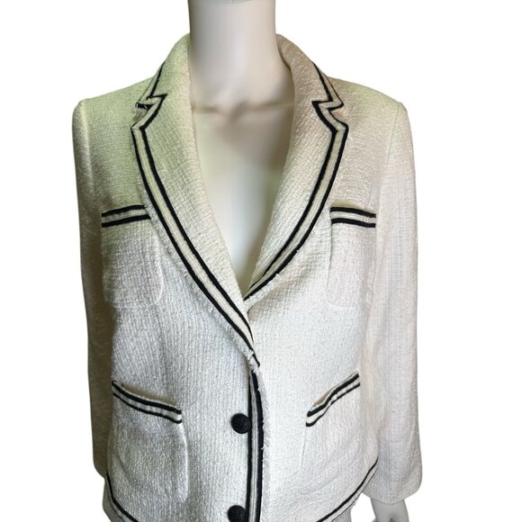Talbots Piped Tweed Jacket Raw Edge Ivory Cotton Blend  Office Size 14 P EUC - Picture 2 of 6